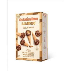 GELATISSIMO BAMBINO SALTED CARAMEL GELATO & MACADAMIAS MINIS 6 PER BOX 180MLS (10)